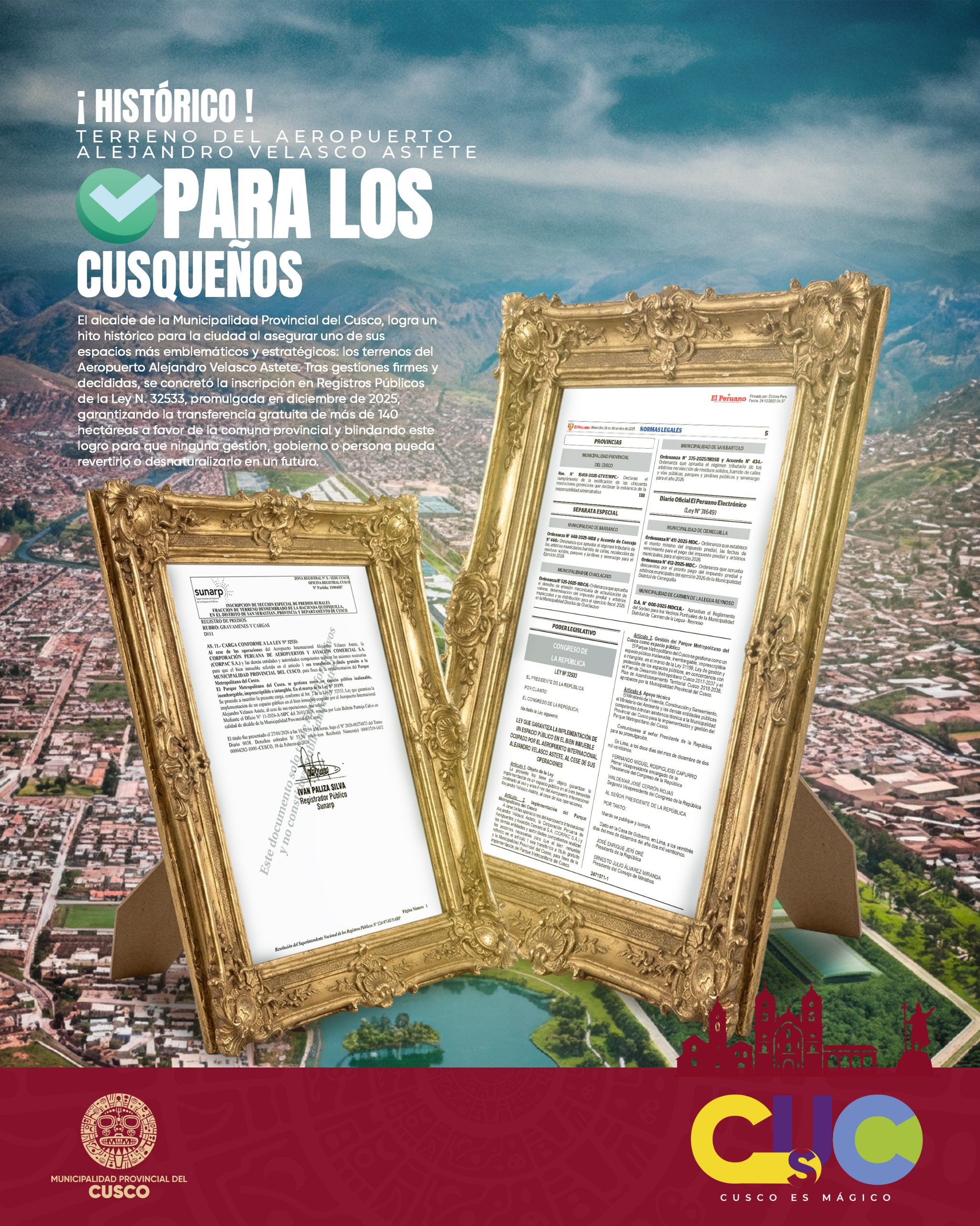 MUNICIPALIDAD DEL CUSCO GARANTIZA CONSTRUCCIÓN DEL GRAN PARQUE METROPOLITANO EN LOS TERRENOS DEL AEROPUERTO ALEJANDRO VELASCO ASTETE