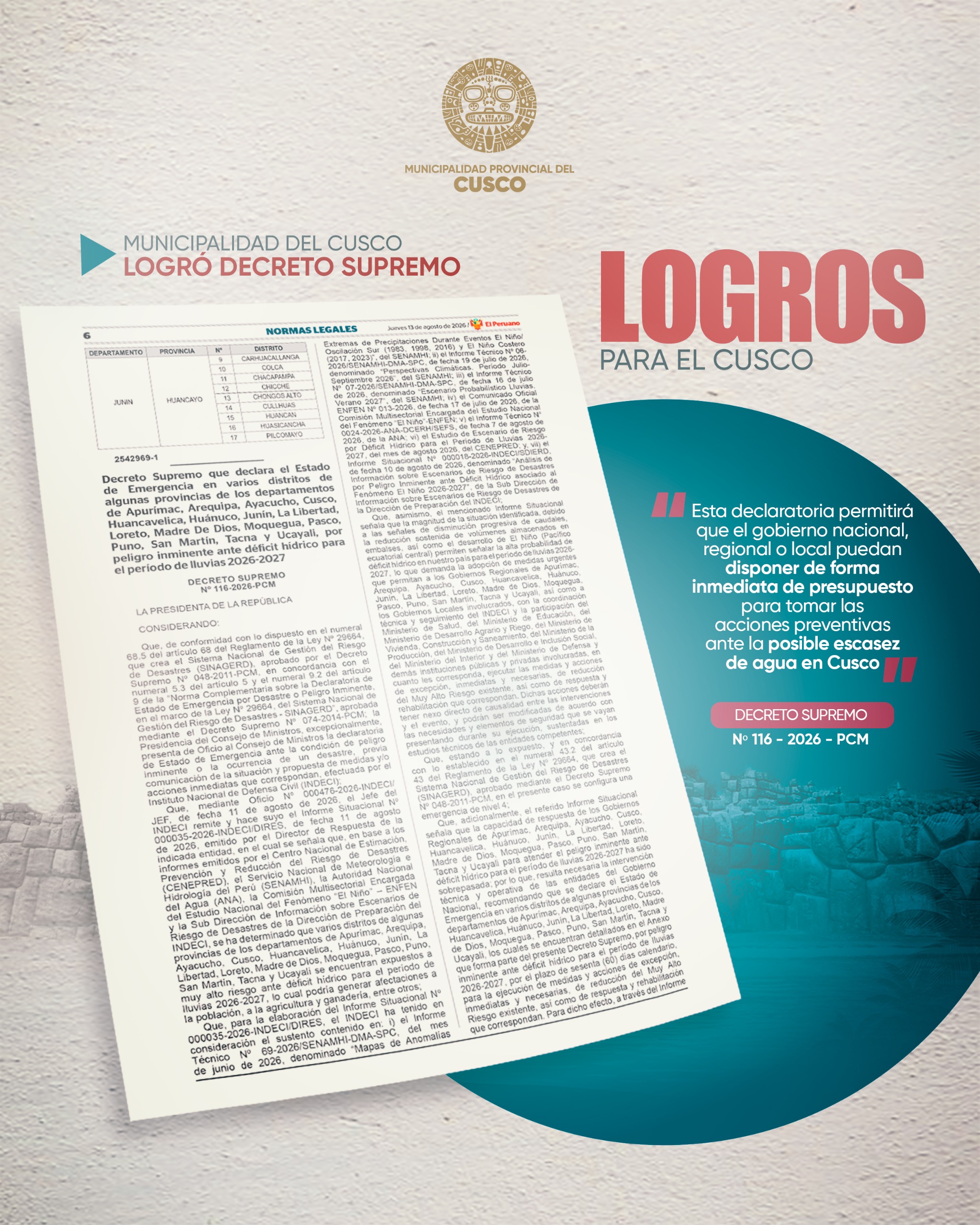 MUNICIPALIDAD DEL CUSCO LOGRÓ DECRETO SUPREMO QUE DECLARA EN EMERGENCIA LA PROVINCIA DEL CUSCO POR ESTRÉS HÍDRICO